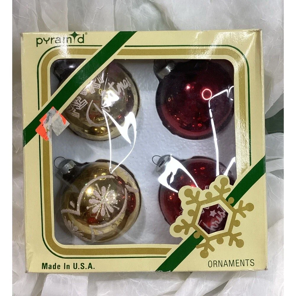 Vintage Mercury Glass Glitter Merry Christmas Ornaments Stenciled 1950s Pyramid